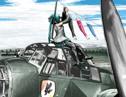  aircraft airplane cloud commentary_request female hatsune_miku ju_88 koinobori long_hair luftwaffe military rxjx sky solo vocaloid wehrmacht windsock world_war_ii 