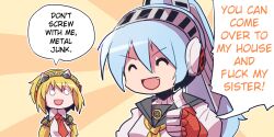  aegis aegis_(persona) android atlus blonde_hair citolo full_metal_jacket grey_eyes hard_translated headphones labrys parody persona persona_4 persona_4:_the_ultimate_in_mayonaka_arena profanity school_uniform short_hair translated 