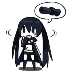  black_hair black_rock_shooter black_rock_shooter_(character) cannon chan_co chibi commentary_request female full_body long_hair no_shirt shorts solo speech_bubble tears white_background 