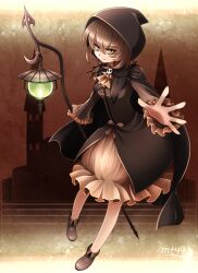  bad_id bad_pixiv_id brown_eyes brown_hair dress female hood lantern mtyy original outstretched_hand photoshop_(medium) skull smile solo 