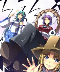  3girls bad_id bad_pixiv_id bare_shoulders blonde_hair blue_eyes boots detached_sleeves frog_hair_ornament green_hair hair_ornament hat km_yama kochiya_sanae long_hair mirror moriya_suwako multiple_girls purple_hair red_eyes rope shide shimenawa short_hair smile tongue tongue_out touhou yasaka_kanako yellow_eyes 