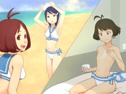  1boy 2girls akizuki_ryo arisato_3 bikini blue_eyes blue_hair brown_eyes brown_hair commentary_request crossdressing dixie_cup_hat hat hidaka_ai idolmaster idolmaster_dearly_stars looking_up lotion military_hat mizutani_eri multiple_girls open_mouth sailor_bikini sailor_collar sailor_hat sailor_swimsuit_(idolmaster) short_hair smile sunscreen sweatdrop swimsuit 