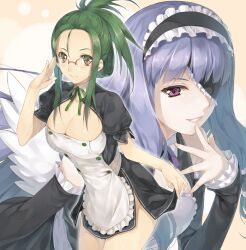  2girls breasts brown_eyes cleavage clothes_lift dream_c_club dream_c_club_(series) eyepatch frills glasses green_hair hagure_keg large_breasts lips long_hair maid_headdress mari_(dream_c_club) mio_(dream_c_club) multiple_girls photoshop_(medium) ponytail purple_eyes purple_hair ribbon skirt skirt_lift smile 