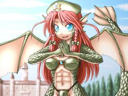  abs blue_eyes braid braids crossover dragon_ears dragon_girl dragon_tail dragon_wings fusion granberia hat hong_meiling long_hair looking_at_viewer mon-musu_quest! monster_girl red_hair ribbon scales scarlet_devil_mansion sdm shirosato smile tail touhou twin_braids wings 