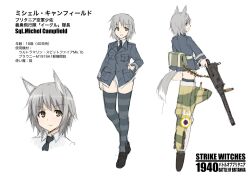  ammunition ammunition_belt ammunition_box animal_ears bad_id bad_pixiv_id browning_m1919 dakku_(ogitsune) female grey_hair gun michelle_campfield necktie original photoshop_(medium) shoes strike_witches_1940 striker_unit striped_clothes striped_thighhighs tail thighhighs translated uniform weapon world_witches_series 