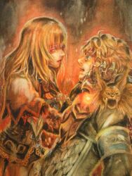  1boy alpha_patroklos blonde_hair blue_eyes brother_and_sister commentary_request female hands_on_another&#039;s_cheeks hands_on_another&#039;s_face lips morito_leaf9 painting_(medium) patroklos_alexander pyrrha_alexandra pyrrha_omega siblings soulcalibur soulcalibur_v traditional_media watercolor_(medium) wide-eyed yellow_eyes 