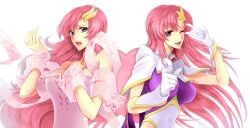  2girls alternate_costume bad_id bad_pixiv_id dress gloves gundam gundam_seed gundam_seed_destiny hair_ornament hand_on_own_chest lacus_clyne leotard long_hair maki_(110maki011) meer_campbell multiple_girls one_eye_closed open_mouth pink_hair pointing purple_eyes purple_leotard see-through shawl simple_background star_(symbol) star_hair_ornament v_over_eye wavy_hair white_leotard 