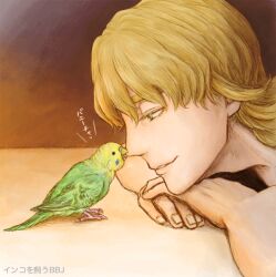  1boy barnaby_brooks_jr. bird blonde_hair commentary_request green_eyes male_focus nose_bite parakeet parrot solo tiger_&amp;_bunny yasucaflex 