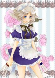  apron between_fingers blue_dress blue_eyes border bow braid closed_mouth cowboy_shot dress dual_wielding female floral_background flower grey_hair hairbow holding holding_knife holding_weapon izayoi_sakuya knife lace lace_background lace_border light_smile looking_at_viewer maid maid_headdress neck_ribbon nishino_miyuki ornate_border pink_flower pink_rose puffy_short_sleeves puffy_sleeves ribbon rose short_dress short_hair short_hair_with_long_locks short_sleeves side_braid solo striped striped_background touhou twin_braids vertical_stripes weapon 