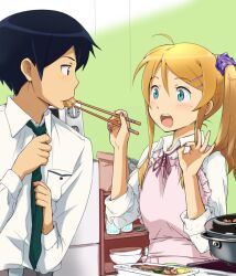  1boy :o ahoge alternate_hairstyle apron aqua_eyes black_hair blonde_hair brother_and_sister chopsticks commentary_request feeding female food kousaka_kirino kousaka_kyousuke maabou nail_polish necktie ok_sign open_mouth ore_no_imouto_ga_konna_ni_kawaii_wake_ga_nai school_uniform siblings side_ponytail sleeves_rolled_up 