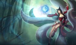  ahri_(league_of_legends) animal_ears black_hair breasts cleavage female fox_ears fox_tail kienan_lafferty korean_clothes league_of_legends long_hair medium_breasts official_art photoshop_(medium) solo tail yellow_eyes 