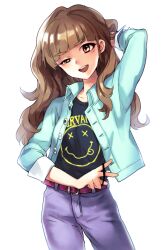  bad_id bad_pixiv_id band_shirt belt brown_hair denim denim_jacket female idolmaster idolmaster_cinderella_girls jacket jeans kamiya_nao kogiso long_hair merchandise nirvana_(band) open_mouth pants photoshop_(medium) red_eyes smirk solo wavy_hair 