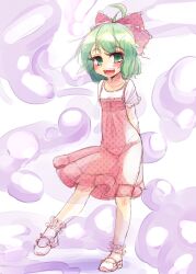  :d aged_down blush bow commentary_request dress female green_eyes green_hair hairbow hakano_shinshi kagiyama_hina open_mouth panties see-through short_hair smile solo touhou underwear 