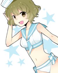  1boy :d akizuki_ryo bad_id bad_pixiv_id bikini brown_eyes dixie_cup_hat green_hair hat highres idolmaster idolmaster_dearly_stars male_focus midriff military_hat navel open_mouth otoko_no_ko sailor_bikini sailor_collar sailor_hat sailor_swimsuit_(idolmaster) short_hair side-tie_bikini_bottom smile solo swimsuit toa_(sorajio) white_bikini 