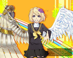  angel angel_wings arm_behind_back artist_name asymmetrical_wings bad_deviantart_id bad_id blonde_hair blue_eyes borrowed_character cassie_(acerailgun) cowboy_shot cyborg feathered_wings female flower gochi grin hair_flower hair_ornament mechanical_wings original persona persona_4 photoshop_(medium) scarf school_uniform signature skirt smile solo thighhighs watermark web_address wings zettai_ryouiki 