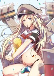  2014_fifa_world_cup alternate_costume ball bismarck_(kancolle) black_panties blonde_hair blue_eyes blush breasts clothes_pull commentary_request female fifa_world_cup_trophy germany hat kantai_collection long_hair looking_at_viewer medium_breasts mouth_hold mushiboy navel panties peaked_cap shirt_pull side-tie_panties soccer soccer_ball solo trophy underwear whistle world_cup 