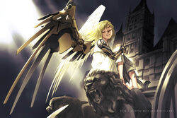  angel angel_wings asymmetrical_wings barefoot blonde_hair borrowed_character building cassie_(acerailgun) closed_eyes cloud cloudy_sky commentary commission cyborg dress english_commentary feathered_wings female full_body long_hair mechanical_arms mechanical_wings original parted_lips photoshop_(medium) scruffyronin single_mechanical_arm sitting sky sleeveless sleeveless_dress smile solo statue sunlight watermark web_address white_dress wings 