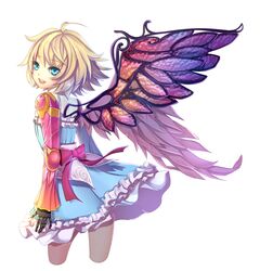  :d absurdres ahoge angel angel_wings artistic_error asymmetrical_wings blonde_hair blue_eyes borrowed_character bow cassie_(acerailgun) commentary commission cowboy_shot cropped_legs cyborg dress english_commentary feathered_wings feathers female frilled_dress frills from_behind highres looking_back mechanical_arms mechanical_wings open_mouth original ribbon sammi_hisame simple_background single_mechanical_arm smile solo stained_glass white_background wings 