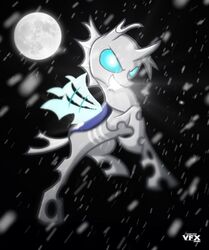  2013 ambiguous_gender arthropod blue_eyes changeling english_text fan_character fangs feral friendship_is_magic grey_body grey_hair hair hasbro hole_(anatomy) horn moon my_little_pony night ravenpuff smile snow solo teeth text third-party_edit wings 