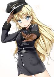  belt blonde_hair blue_eyes dai_(series) daiteikoku female frown gloves hat long_hair looking_at_viewer military military_uniform miniskirt oozora_itsuki peaked_cap pencil_skirt retia_adolf skirt solo uniform 