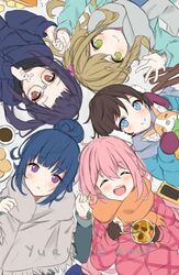  5girls :d ^_^ animal bad_id bad_twitter_id bag_of_chips black_hair blue_hair blue_jacket blue_shirt blush brown_hair brown_scarf canine cellphone chikuwa_(yurucamp) chips_(food) chopsticks circle_formation closed_eyes closed_mouth commentary copyright_name cup_ramen english_commentary facing_viewer firewood food fringe_trim glasses green_eyes grey-framed_eyewear grey_scarf hair_bun highres hitsukuya holding inuyama_aoi jacket kagamihara_nadeshiko long_sleeves looking_at_viewer lying multiple_girls on_back oogaki_chiaki phone pink_hair pink_jacket potato_chips purple_eyes saitou_ena scarf shima_rin shirt short_eyebrows single_hair_bun smile thick_eyebrows upper_body yurucamp 