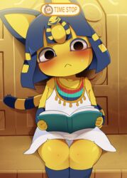  :&lt; animal_crossing animal_ears ankha_(animal_crossing) black_eyes blue_hair blush book breasts cat_ears cat_girl cat_tail closed_mouth dagasi dress english_text female furry furry_female highres holding holding_book looking_at_viewer panties pantyshot sitting small_breasts solo tail time_stop underwear white_dress white_panties yellow_fur 