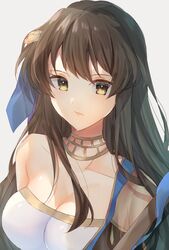  alternate_costume bare_shoulders black_hair bodystocking breasts brown_eyes choker cleavage collarbone edamameoka expressionless female fire_emblem fire_emblem:_the_blazing_blade fire_emblem_heroes hair_ornament highres karla_(fire_emblem) karla_(hatari)_(fire_emblem) long_hair looking_at_viewer medium_breasts official_alternate_costume silver_background simple_background solo upper_body 