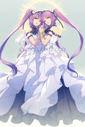  2girls back bare_shoulders blush bracelet breasts character_name commentary_request dress echo_(circa) euryale_(fate) fate/hollow_ataraxia fate_(series) frilled_hairband frills gradient_background grey_background hairband halo holding_hands jewelry lolita_hairband long_hair looking_at_viewer multiple_girls off-shoulder_dress off_shoulder open_mouth purple_eyes purple_hair siblings sisters small_breasts smile stheno_(fate) twins twintails very_long_hair white_dress 