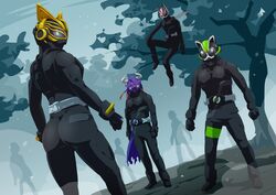  3boys 3others ass black_footwear black_gloves bodysuit buffalo clenched_hands commentary_request compound_eyes dreadlocks entry_form everyone feline female forest fox gloves highres horns in_tree kamen_rider kamen_rider_buffa kamen_rider_geats kamen_rider_geats_(series) kamen_rider_na-go kamen_rider_tycoon long_hair mask multiple_boys multiple_others nature otokamu purple_hair scarf sitting sitting_in_tree tanuki tree white_scarf wrapping wrist_cuffs 