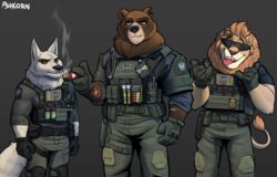  2023 andre_delgato anthro bear brown_bear bruno_simmers bulletproof_vest canid canine canis cigar disney eyewear felid grizzly_bear group hi_res holstered_pistol law_enforcement lion logan_fangmeyer magazine_(gun) male mammal officer_delgato operator pantherine police pose psakorn_tnoi scar shell_(projectile) shotgun_shell special_forces sunglasses swat tactical tactical_gear team_pose trio ursine wolf zootopia 