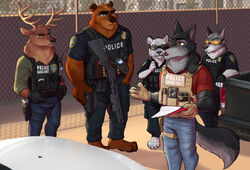  2022 anthro axel_wolfram bear ben_bearett_(grizzlygus) briefing brown_bear bulletproof_vest canid canine canis cervine clothing deer detective dietrich_&quot;red&quot;_burkhart disney eyewear felid grizzly_bear group gun holstered_pistol male mammal mossberg_500 officer_wolfard pantherine police police_badge police_officer police_uniform psakorn_tnoi ralph_(grizzlygus) ranged_weapon red_deer shell_(projectile) shotgun shotgun_shell size_difference snow_leopard sunglasses tactical_gear uniform ursine vehicle weapon wolf zootopia 