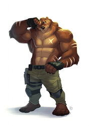  anthro avoid_posting bear bodily_fluids brown_bear chest_scar eye_scar facial_scar furrybob grizzly_bear gus_(grizzlygus) hi_res holster kodiak_bear male mammal muscular police resting scar shirtless shirtless_male solo special_forces swat sweat tactical_gear ursine 