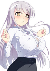  bang_dream! breasts bursting_breasts button_gap commentary_request female grey_skirt highres large_breasts light_purple_hair long_hair long_sleeves minato_yukina roselia_(bang_dream!) sakamata_(sakamata4) shirt skirt white_background white_shirt yellow_eyes 