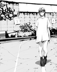  absurdres boots closed_mouth female graffiti greyscale highres looking_at_viewer monochrome mural naked_shirt negative_space original outdoors shirt short_hair short_sleeves solo standing wataboku 