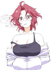  ahoge black_camisole breasts camisole cigarette cleavage commentary_request copyright_request female glasses hair_between_eyes huge_breasts ishii_hisao jacket looking_at_viewer mouth_hold off_shoulder orange_eyes red_hair semi-rimless_eyewear short_hair simple_background smoke smoking solo strap_slip under-rim_eyewear upper_body virtual_youtuber white_background white_jacket 