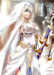  black_blindfold blindfold blonde_hair blurry blurry_background breasts bridal_gauntlets covered_eyes covered_nipples dress female goblin_slayer! habit highres holding holding_sword holding_weapon impossible_clothes large_breasts long_hair open_mouth priestess sideless_outfit solo sword sword_maiden weapon white_dress zinfian 