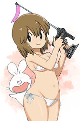  absurdres bare_arms bare_shoulders bikini breasts bright_pupils brown_eyes brown_hair closed_mouth collarbone covered_nipples cowboy_shot female groin hair_between_eyes hands_up highres legs_together lowleg lowleg_bikini moko-chan muramasa_mikado navel rabbi-kun rabbit short_hair side-tie_bikini_bottom small_breasts smile solo standing swimsuit tamiya_incorporated thighs underboob white_bikini white_pupils white_rabbit_(animal) 