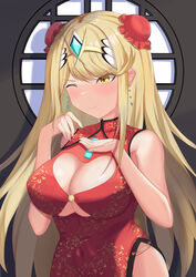  absurdres blonde_hair blush breasts china_dress chinese_clothes cleavage cleavage_cutout closed_mouth clothing_cutout commentary_request covered_navel double_bun dress earrings female gokkun hair_bun headpiece highres jewelry large_breasts long_hair mythra_(xenoblade) one_eye_closed red_dress shiratamaaji sidelocks solo standing upper_body v-shaped_eyebrows xenoblade_chronicles_(series) xenoblade_chronicles_2 yellow_eyes 