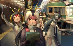  5girls backpack bag black_hair blonde_hair commentary crowd drawstring emperor_penguin_(kemono_friends) gentoo_penguin_(kemono_friends) hair_between_eyes hair_over_one_eye headphones highres hood hood_down hoodie humboldt_penguin_(kemono_friends) kemono_friends long_hair long_sleeves multicolored_hair multiple_girls original pamphlet pink_hair purple_hair rockhopper_penguin_(kemono_friends) royal_penguin_(kemono_friends) short_hair streaked_hair train train_station twintails welt_(kinsei_koutenkyoku) white_hair 