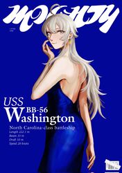  ahoge alternate_costume back backless_dress backless_outfit barcode bare_shoulders blue_background blue_dress breasts character_name closed_mouth cover dress earrings fake_magazine_cover female grey_eyes grey_hair hair_between_eyes highres jewelry kantai_collection long_hair looking_at_viewer magazine_cover nidou simple_background solo strapless strapless_dress very_long_hair washington_(kancolle) 