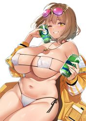  anis_(nikke) anis_(sparkling_summer)_(nikke) bare_shoulders bikini blush breasts brown_hair can cleavage collarbone curvy drink_can eyepatch_bikini eyewear_on_head female goddess_of_victory:_nikke grin highres jacket jewelry large_breasts long_sleeves looking_at_viewer navel necklace off_shoulder official_alternate_costume one_eye_closed open_clothes open_jacket plump short_hair simple_background skindentation smile soda_can solo star_(symbol) star_necklace stomach string_bikini sunglasses swimsuit thighs tomohiro_kai white_background white_bikini wide_hips yellow_eyes yellow_jacket 