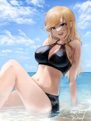  absurdres arm_support bad_id bad_twitter_id bare_shoulders beach bikini black_bikini blonde_hair blue_eyes breasts cleavage dated female halterneck highres idolmaster idolmaster_cinderella_girls knee_up lamp_p9 large_breasts leaning_back long_hair looking_at_viewer navel ocean ohtsuki_yui open_mouth outdoors signature sitting sky smile solo swept_bangs swimsuit wavy_hair 