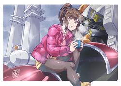  absurdres black_pantyhose brown_eyes brown_hair cup female fuuto_tantei grey_sky high_ponytail highres holding holding_cup jacket kabashima_yousuke kamen_rider kamen_rider_w narumi_akiko official_art outdoors pantyhose pantyhose_under_shorts parted_lips pink_jacket ponytail shorts signature sitting sky solo steam yellow_shorts 