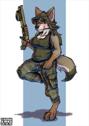  2018 4_toes 5_fingers anthro arm_markings awkward_awd barefoot black_nose bottomwear breasts brown_body brown_fur brown_hair camo camo_bottomwear camo_clothing camo_pants camo_print canid canine canis cargo_pants claws clothed clothing coyote digital_media_(artwork) digitigrade feet female fingers flame_markings foot_markings fur green_bottomwear green_clothing green_pants green_shirt green_tank_top green_topwear gun hair hi_res hindpaw holding_gun holding_object holding_ranged_weapon holding_shotgun holding_weapon humanoid_hands kateri leg_markings long_hair looking_at_viewer mammal markings on_one_leg pants pattern_bottomwear pattern_clothing pattern_pants paws pinup pose ranged_weapon shirt shotgun signature smile smirk solo standing tank_top toe_claws toes topwear weapon 