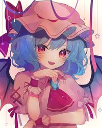  arm_across_waist arms_up ascot bat_wings blouse blue_hair blush breasts brooch chikuwa_(tikuwaumai_) commentary elbow_on_arm female gradient_background hat hat_ribbon head_on_hand head_tilt highres jewelry light_particles looking_at_viewer mob_cap oerba_yun_fang open_mouth pink_background pink_hat pink_shirt puffy_short_sleeves puffy_sleeves red_ascot red_eyes remilia_scarlet ribbon shirt short_hair short_sleeves small_breasts smile solo standing streamers symbol-only_commentary teeth touhou upper_body upper_teeth_only white_background wings wrist_cuffs 