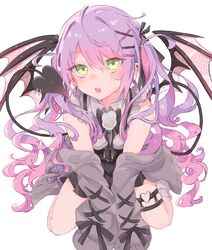  bad_id bad_pixiv_id belt black_bow black_skirt bow clothes_down commentary demon_girl demon_tail demon_wings ear_piercing female frilled_shirt frills green_eyes hair_between_eyes hair_ornament hair_ribbon hairclip highres hololive jacket jirai_kei light_blush long_hair looking_at_viewer nekonika_(e102k) oerba_yun_fang open_mouth piercing pleated_skirt pointy_ears pom_pom_(clothes) purple_hair ribbon shirt simple_background sitting skin_fang skirt sleeveless sleeveless_shirt solo tail thigh_strap tokoyami_towa tokoyami_towa_(jirai_kei) twintails v_arms very_long_hair virtual_youtuber wariza white_background white_shirt wings x_hair_ornament 