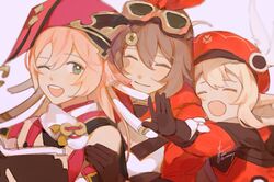  3girls amber_(genshin_impact) blonde_hair book breasts brown_hair carm_(ruoyeahs) cleavage cleavage_cutout closed_eyes clothing_cutout genshin_impact goggles goggles_on_head green_eyes hat holding holding_book holding_person horns hug hug_from_behind klee_(genshin_impact) long_hair long_sleeves looking_at_another multiple_girls one_eye_closed open_mouth outstretched_arms pink_hair pointy_ears signature smile yanfei_(genshin_impact) 