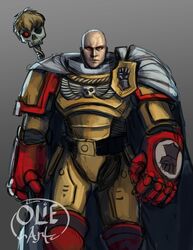  1boy absurdres adeptus_astartes armor artificial_eye artist_logo artist_name bald bionic cape crossover english_commentary genos gradient_background heraldry highres imperial_fists male_focus mechanical_eye mechanical_parts olie_boldador one-punch_man power_armor power_gloves power_suit saitama_(one-punch_man) second-party_source servo-skull signature simple_background skull warhammer_40k yellow_armor 