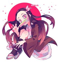  artist_name asa_no_ha_(pattern) bit_gag black_hair black_socks claw_pose commentary_request female full_body gag gradient_hair hair_ribbon highres japanese_clothes kamado_nezuko kimetsu_no_yaiba kimono knees_up long_hair long_sleeves looking_at_viewer mouth_hold multicolored_hair par0llel pink_eyes pink_footwear pink_kimono pink_ribbon red_circle ribbon sandals simple_background sitting socks solo white_background wide_sleeves 