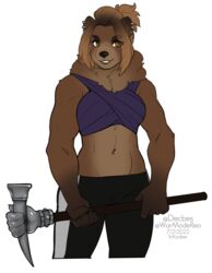  2022 5_fingers alpha_channel anthro bear black_nose breasts brown_bear brown_body brown_fur brown_hair clothed clothing digital_media_(artwork) ear_piercing ear_ring female fingers fur hair hammer hi_res kittydee kodiak_bear looking_at_viewer maeve_(peachoctopi) mammal melee_weapon midriff muscular muscular_anthro muscular_female navel piercing ring_piercing simple_background smile solo tools transparent_background ursine weapon 